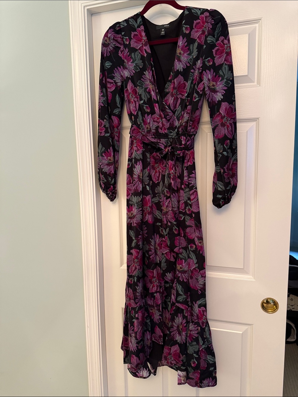 Aqua Black Maxi Dress with Pink Floral Print